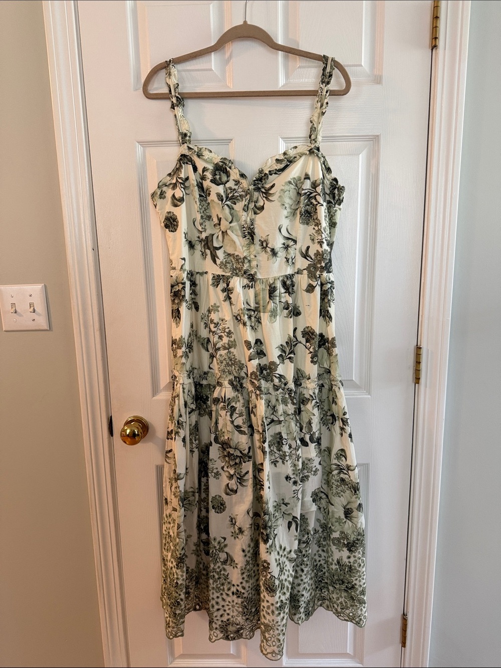 By Anthropologie Cream & Green Floral Midi Sundress Made in India